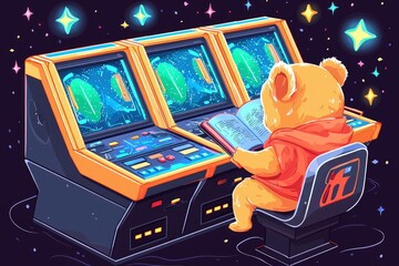 Wall Mural - cute bear studying space navigation on retro control panel