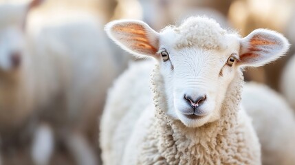 Poster - Closeup portrait of a curious sheep standing among a herd in a bright and warm farm setting : Generative AI