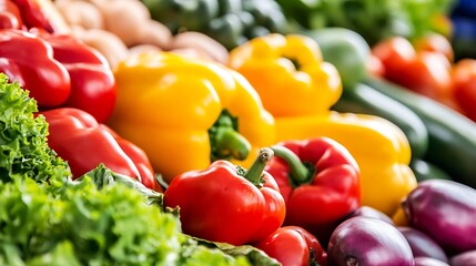 Poster - A colorful fresh vegetable display featuring vibrant peppers and greens : Generative AI