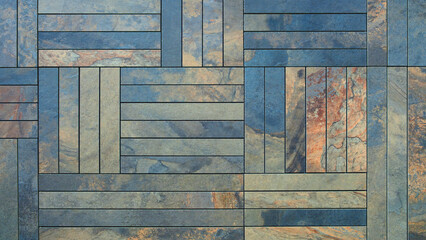 Leinwandbilder - A blue and brown tile floor with a pattern of squares and rectangles. The tiles are arranged in a way that creates a sense of depth and texture. Scene is one of warmth and coziness