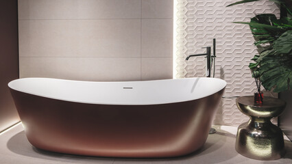 Poster - A large ceramic bathtub with a gold rim sits in front of a wall with a plant. The room has a modern and luxurious feel
