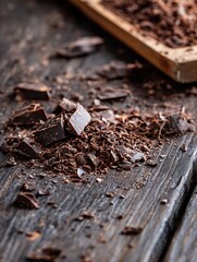 Aufkleber - Rich dark chocolate chunks and shavings scattered on a rustic wooden surface highlighting premium quality ingredients : Generative AI