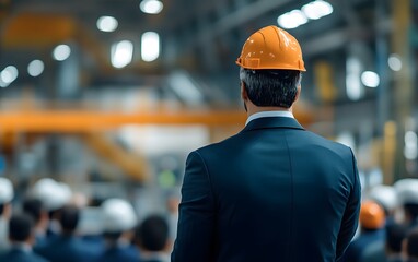 Poster - A well-dressed professional wearing a safety helmet observes a manufacturing facility with workers in the background