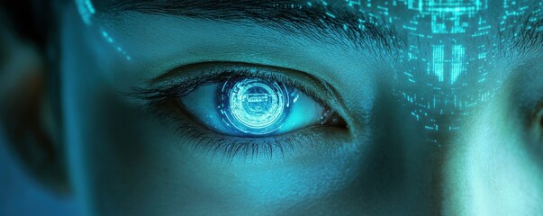 Poster - Futuristic eye with digital overlay depicting advanced technology concept and innovation