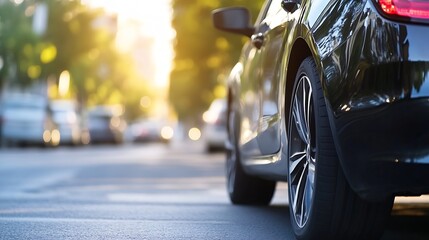 Aufkleber - Close up view of a sleek black car parked on a sunlit street with vibrant green trees : Generative AI
