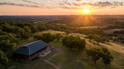 Poster - Stunning Aerial View of a Cabin at Sunset in a Scenic Landscape : Generative AI