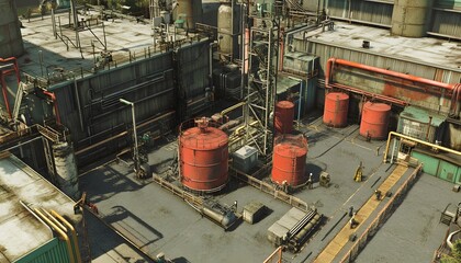 Poster - Aerial view of an industrial site featuring large storage tanks and complex machinery. The image captures the essence of modern manufacturing and processing facilities.