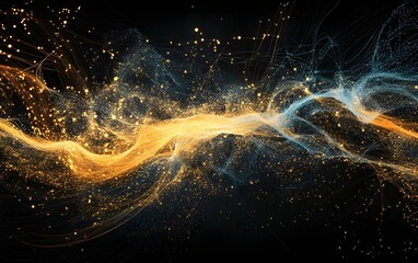 Poster - An abstract digital artwork showcasing vibrant streams of light and color, blending rich golden hues with cool blues, creating a dynamic and ethereal visual experience.