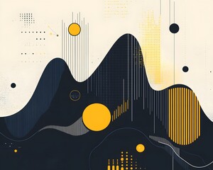 Poster - An abstract illustration featuring geometric shapes, wavy lines, and a bold color palette of yellow and black, perfect for modern design projects, websites, or promotional material