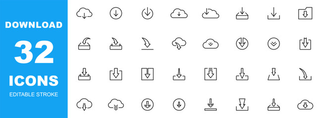 Aufkleber - Download line icon set. Download files icons. Data download icon. Upload cloud storage sign. Editable stroke. Vector illustration.