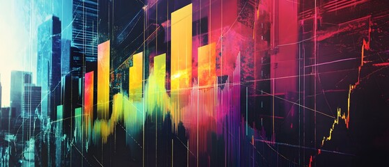 Poster - an abstract representation of data visualization with colorful graphs and modern buildings in the ba