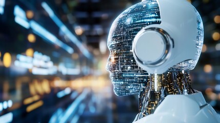 Poster - Futuristic artificial intelligence robot with glowing digital circuitry and headphones : Generative AI