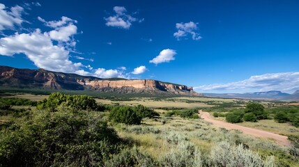 Poster - Dramatic desert landscape featuring majestic cliffs against a bright blue sky dotted with fluffy clouds in the distance : Generative AI