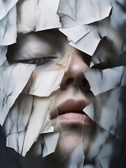 Poster - Conceptual art of a woman with a fractured face created from broken glass resembling marble patterns : Generative AI