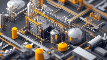 Poster - Detailed view of an industrial facility showcasing complex machinery and vibrant piping systems in a modern production environment.