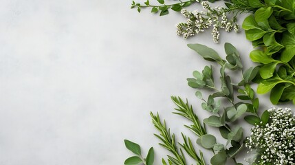 Poster - Selection of fresh herbs and greens artistically arranged on a light grey background for culinary use : Generative AI