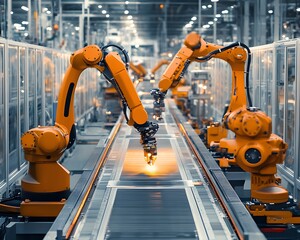 Poster - Efficient robotic arms working in a modern manufacturing facility, showcasing automation and innovation in production.