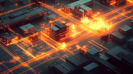 Poster - Futuristic cityscape with glowing lines and digital connections showcasing advanced technology and urban innovation.