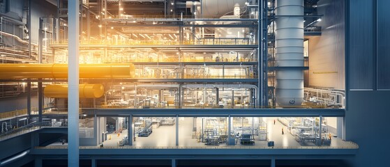 Poster - This image showcases a modern industrial facility filled with advanced machinery and intricate workflows, highlighting efficiency and innovation in a vibrant and bustling environme