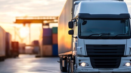Poster - Modern logistics truck parked at a shipping yard during sunset with containers in the background : Generative AI