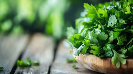 Poster - Fresh green parsley arrangement on a wooden table showcasing vibrant herbs in natural light : Generative AI