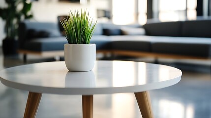 Poster - Stylish modern living room with green potted plant on a round coffee table and gray sofa in the background : Generative AI