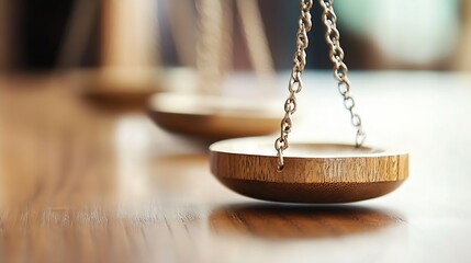 Leinwandbilder - Contemporary wooden scales demonstrating balance suspended above a polished table surface in soft light : Generative AI