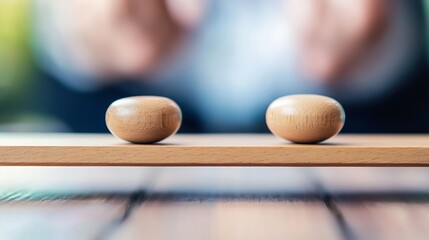 Poster - Two smooth wooden stones placed on a minimalistic wooden slab with blurred background indicating focus and balance : Generative AI