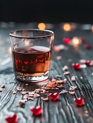Aufkleber - Artistic arrangement of a drink in a glass surrounded by decorative red hearts and rocks : Generative AI