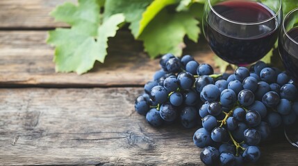 Aufkleber - Freshly Harvested Grapes with Glasses of Red Wine on Rustic Wooden Table Surrounded by Green Leaves : Generative AI