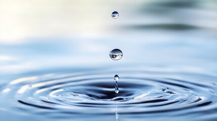 Poster - Closeup of water droplets creating ripples on a calm surface representing tranquility and serenity : Generative AI