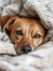 Poster - CloseUp of a Cozy Dog Snuggled in a Soft Blanket with a Cute Expression : Generative AI