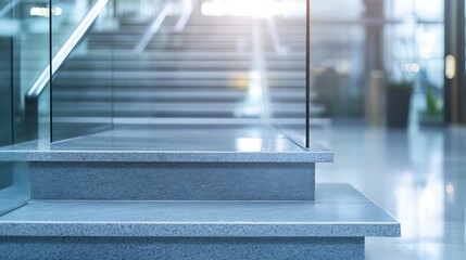 Canvas Print - Closeup of modern spacious indoor stairs featuring elegant design and reflections under soft natural light : Generative AI