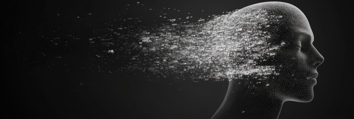 Leinwandbilder - Human face outline transforming into binary code in a futuristic AI concept showcasing digital evolution. Generative AI
