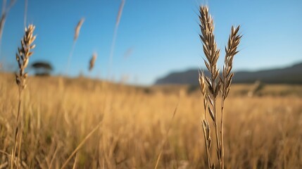  Golden Wheat Grass Against Bright Blue Sky in Open Landscape : Generative AI