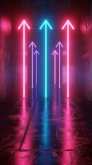 Poster - neon arrows illuminate a dark corridor with vibrant colors and reflections during the night