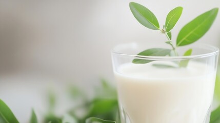 Poster - Elegant glass of milk infused with fresh green leaves placed on a serene background with soft natural light : Generative AI