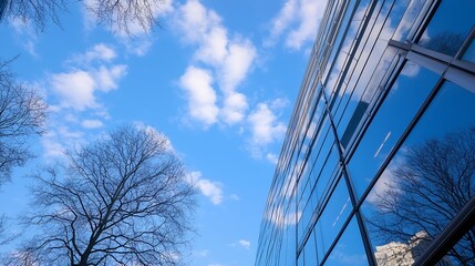 Poster - Modern Urban Architecture Featuring a Glass Facade Under a Bright Blue Sky with Wispy Cloud Patterns : Generative AI