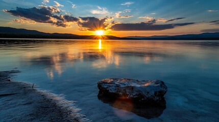 Poster - Stunning sunset reflection on a serene lake with a rock in the foreground creating a picturesque view : Generative AI