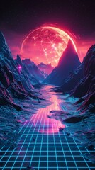 Poster - Vibrant neon landscape with mountains and glowing pink moon illuminating a futuristic grid pathway