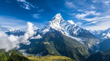 Wall Mural - Majestic snowcapped mountain peak surrounded by lush valleys and stunning blue sky : Generative AI