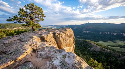 Wall Mural - Stunning rock formation overlooking a lush green valley with vibrant skies at sunset : Generative AI