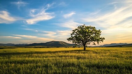 Aufkleber - Vibrant summer landscape featuring a lone tree in a golden grassy field under a blue sky with fluffy clouds : Generative AI