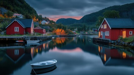 Poster - Picturesque Scandinavian village at dusk with reflections in still water. Generative AI