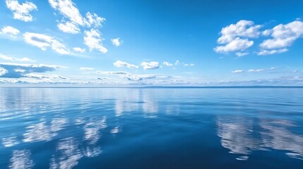Aufkleber - Serene tranquil blue water reflecting clouds under bright blue sky : Generative AI