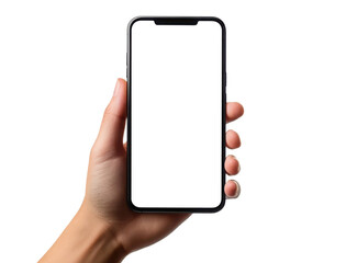 Hand holding smartphone mockup as png photo with blank screen isolated on white background. mobile phone hand mockup 
