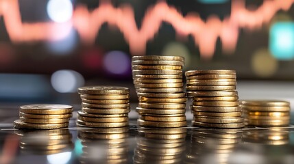Aufkleber - Stacks of golden coins with a blurred financial graph background showcasing investment growth and wealth : Generative AI