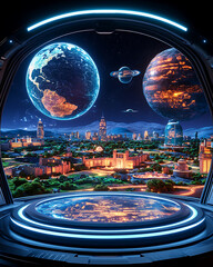 Wall Mural - Futuristic cityscape vista from a spacecraft window featuring alien planets in the sky above the illuminated urban sprawl.