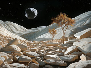 Wall Mural - Surreal landscape of white rock formations with sparse trees under a starry sky and a large asteroid.