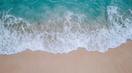 Canvas Print - Aerial view of turquoise waves gently lapping against a sandy beach shoreline : Generative AI